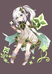 Rule 34 | 1girl, absurdres, bracelet, cape, closed mouth, commentary request, cross-shaped pupils, detached sleeves, dress, genshin impact, gold trim, gradient hair, green cape, green eyes, green hair, green sleeves, hair between eyes, hair ornament, highres, jewelry, kure~pu, leaf hair ornament, long hair, looking at viewer, multicolored hair, nahida (genshin impact), pointy ears, side ponytail, sidelocks, simple background, sleeveless, sleeveless dress, smile, solo, symbol-shaped pupils, toeless footwear, white dress, white footwear, white hair