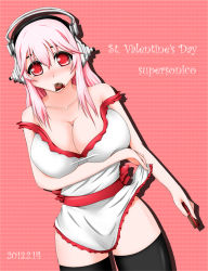 Rule 34 | 1girl, apron, bare shoulders, blush, breasts, candy, chocolate, chocolate heart, cleavage, food, headphones, heart, ion (artist), large breasts, long hair, looking at viewer, mouth hold, naked apron, nitroplus, off shoulder, pink hair, red eyes, smile, solo, strap slip, striped, striped background, super sonico, thighhighs, valentine