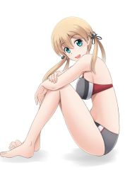 Rule 34 | 1girl, adapted costume, anchor hair ornament, aqua eyes, arms on knees, barefoot, bikini, black ribbon, blonde hair, fuuma nagi, hair between eyes, hair ornament, kantai collection, looking at viewer, low twintails, multicolored bikini, multicolored clothes, prinz eugen (kancolle), ribbon, shadow, simple background, sitting, solo, swimsuit, twintails, white background