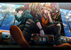 2boys :o absurdres adapted_costume adjusting_clothes adjusting_headwear all_might alternate_costume aqua_eyes aqua_jacket arm_warmers arrow_(symbol) artist_name bakugou_katsuki baseball_cap between_legs black_footwear black_pants blonde_hair bloom blue_sky boku_no_hero_academia cameo chain-link_fence cloud cloudy_sky colored_shoe_soles commentary dated day downturned_eyes drawstring dutch_angle elbow_on_thigh elbow_rest english_commentary eyes_visible_through_hair fashion fence finger_to_headwear foreshortening freckles from_below full_body furrowed_brow graffiti green_hair grey_arm_warmers hand_between_legs hand_to_own_mouth hand_up hat highres hood hood_down hooded_jacket jacket latin_text leaning_forward letterboxed long_sleeves looking_at_viewer looking_down looking_to_the_side male_focus midoriya_izuku multiple_boys no_pupils orange_trim outdoors pants perspective pillar plus_ultra_(phrase) red_eyes sanpaku shade shadow shoe_soles shoes short_hair side-by-side sitting sky sleeves_past_elbows sleeves_rolled_up sneakers spiked_hair spread_legs star_(symbol) studded sunlight toes_up torn_clothes torn_pants two-sided_fabric two-sided_jacket v-shaped_eyebrows watch wavy_hair wrinkled_fabric wristwatch writing_on_wall xeiv zipper_pull_tab