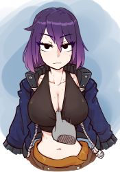Rule 34 | 1girl, black eyes, breasts, cleavage, closed mouth, clothes pull, collarbone, half-closed eyes, jacket, large breasts, long sleeves, looking at viewer, midriff, navel, original, purple hair, shirt pull, short hair, solo, sweat, tank top, tenk, upper body