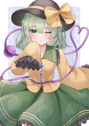 Rule 34 | 1girl, absurdres, black hat, blouse, blush, bow, buttons, collarbone, diamond button, expressionless, eyeball, floral print, frilled shirt collar, frilled skirt, frilled sleeves, frills, green eyes, green skirt, hair between eyes, hat, hat bow, hat ribbon, heart, heart of string, highres, komeiji koishi, light green hair, long sleeves, looking at viewer, medium hair, naarsann, one eye closed, ribbon, rose print, shirt, skirt, sleeves past fingers, sleeves past wrists, solo, third eye, touhou, wavy hair, white background, wide sleeves, yellow bow, yellow ribbon, yellow shirt