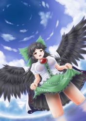 Rule 34 | 1girl, aonagi ibane, black hair, blue sky, bow, cape, clothes lift, cloud, day, female focus, hair bow, highres, long hair, open mouth, red eyes, reiuji utsuho, skirt, skirt lift, sky, smile, soaking feet, solo, third eye, touhou, wading, water, wings