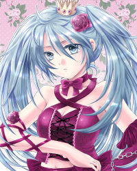 Rule 34 | 1girl, blue eyes, blue hair, bow, bowtie, chain, corset, crown, estarina, estaryina, flower, hair flower, hair ornament, hatsune miku, long hair, matching hair/eyes, pink rose, project diva, project diva (series), project diva 2nd, red rose, ribbon, rose, solo, twintails, vocaloid