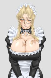 Rule 34 | 1girl, alternate costume, apron, balalaika (black lagoon), bespectacled, black lagoon, blush, breasts, breasts squeezed together, cleavage, cosplay, covered erect nipples, detached collar, enmaided, glasses, huge breasts, lipstick, long hair, maid, maid apron, maid headdress, makeup, mole, mole under eye, paya (paya19891115), roberta (black lagoon), roberta (black lagoon) (cosplay), round eyewear, scar, solo, sweatdrop, v arms