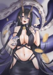 Rule 34 | 1girl, azur lane, black dress, black hair, blue eyes, breast curtains, breasts, chain, cleavage, dress, golden hind (azur lane), highres, koyonee, large breasts, long hair, looking at viewer, open mouth, revealing clothes, stomach, tentacles, tongue, tongue out