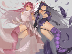 Rule 34 | 10s, 2girls, akemi homura, akuma homura, argyle, argyle clothes, argyle legwear, armpits, bad id, bad pixiv id, bare shoulders, black feathers, black gloves, black hair, blurry, bow, choker, depth of field, dress, elbow gloves, feathers, feet, foot focus, from below, gloves, hair bow, hair ribbon, highres, holding hands, interlocked fingers, kaname madoka, long hair, looking at viewer, looking down, mahou shoujo madoka magica, mahou shoujo madoka magica: hangyaku no monogatari, multiple girls, pink hair, pink legwear, purple eyes, purple legwear, ribbon, shoes, short twintails, sleeveless, smile, soles, spoilers, symmetrical hand pose, thighhighs, twintails, two side up, ultimate madoka, very long hair, white dress, white gloves, winged footwear, wings, yomu (sgt epper), zettai ryouiki