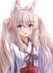 Rule 34 | 1girl, animal ear fluff, animal ears, arms up, blush, bow, bunching hair, commentary request, fox ears, grey hair, hair between eyes, hakama, hakama skirt, highres, iroha (iroha matsurika), japanese clothes, kimono, koyoi (iroha (iroha matsurika)), looking at viewer, miko, open mouth, original, purple eyes, red bow, red hakama, simple background, skirt, solo, two side up, upper body, white background, white kimono