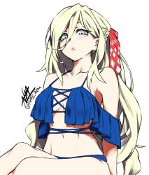 Rule 34 | 1girl, arms at sides, artist name, bikini, blonde hair, blue bikini, blue eyes, breasts, collarbone, commentary request, cowboy shot, cross-laced bikini, cross-laced clothes, hair between eyes, highres, kantai collection, large breasts, long hair, mole, mole under eye, mole under mouth, nmz (namazu), one-hour drawing challenge, richelieu (kancolle), simple background, sitting, solo, swimsuit, twitter username, very long hair, white background