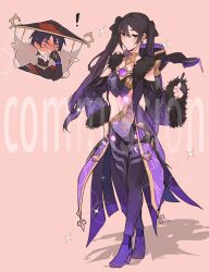 ! 1boy 1girl alternate_costume armor artwolfaja black_bow black_hair black_hat black_kimono blunt_bangs blunt_ends blush bodysuit bow chest_jewel cicin_mage_(genshin_impact) cloak closed_mouth coattails commission cosplay cropped_torso delusion_(genshin_impact) detached_sleeves ear_blush electro_cicin_mage_(genshin_impact) electro_cicin_mage_(genshin_impact)_(cosplay) eyeliner eyeshadow fatui_logo full_body fur-trimmed_collar fur-trimmed_sleeves fur_collar fur_trim genshin_impact gold gold_trim gradient_hair grey_eyes hair_between_eyes hair_bow han&#039;eri hand_on_own_hip hand_over_face hat hetero highres hood hooded_cloak index_finger_raised japanese_armor japanese_clothes jewelry jingasa kimono kote kurokote layered_kimono leotard long_hair looking_at_another makeup mandarin_collar midriff mona_(genshin_impact) multicolored_hair navel neck_ring pantyhose parted_bangs pink_background purple_cloak purple_hair purple_hood purple_leotard purple_pantyhose purple_sleeves red_eyeliner red_eyeshadow red_hat red_kimono scaramouche_(genshin_impact) shadow sidelocks standing turtleneck turtleneck_bodysuit twintails two-tone_hat