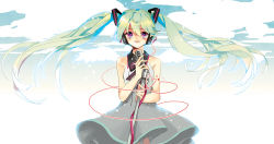 Rule 34 | 1girl, bad id, bad pixiv id, bare shoulders, cloud, dress, floating hair, green hair, hatsune miku, headphones, long hair, microphone, microphone stand, platina77, purple eyes, sky, solo, twintails, very long hair, vocaloid