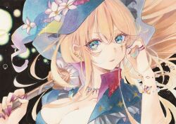 Rule 34 | 1girl, adjusting hair, aqua eyes, blonde hair, blue cape, breasts, cape, cleavage, commentary request, earrings, flower, hat, hat flower, highres, holding, jewelry, ki ito (kiito), large breasts, long hair, looking at viewer, necklace, original, parted lips, portrait, purple nails, solo, traditional media, white flower, witch hat, wizard