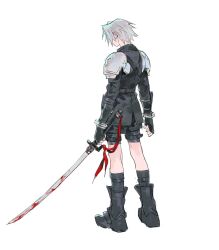 Rule 34 | 1boy, aged down, armor, bangle, black footwear, black gloves, black jacket, black shorts, blood, bloody weapon, boots, bracelet, facing viewer, final fantasy, final fantasy vii, final fantasy vii ever crisis, fingerless gloves, full body, gloves, grey hair, highres, holding, holding sword, holding weapon, jacket, jewelry, katana, long sleeves, male focus, official alternate costume, quxiaochong, red ribbon, ribbon, sephiroth, short hair, shorts, shoulder armor, solo, sword, weapon