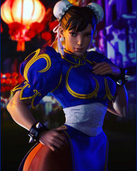Rule 34 | 1girl, 3d, bracelet, brown eyes, brown hair, bun cover, capcom, china dress, chinese clothes, chun-li, double bun, dress, earrings, figure, hair bun, hand on own hip, highres, jewelry, pantyhose, solo, spiked bracelet, spikes, street fighter, thick thighs, thighs