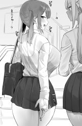Rule 34 | 2girls, absurdres, bag, blush, bra visible through clothes, breasts, commentary request, fingernails, greyscale, highres, hotate-chan, huge breasts, long fingernails, long hair, looking at viewer, looking back, monochrome, multiple girls, open mouth, original, pleated skirt, school bag, school uniform, shirt, shirt tucked in, sidelocks, skirt, thighs, translation request, twintails