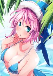 Rule 34 | 1girl, animal hat, ashiroku (miracle hinacle), bare arms, bare shoulders, bikini, blue bikini, blue hat, breasts, cleavage, collarbone, green eyes, hat, large breasts, looking at viewer, okunoda miyoi, parted lips, pink hair, short hair, solo, swimsuit, touhou, upper body, whale hat