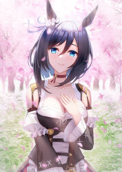 Rule 34 | 1girl, animal ears, answering, bare shoulders, black hair, breasts, cherry blossoms, choker, cleavage, closed mouth, commentary, detached sleeves, dirndl, dress, ear ornament, eishin flash (umamusume), frilled dress, frills, german clothes, hair between eyes, hand on own chest, highres, horse ears, horse girl, large breasts, long sleeves, medium hair, red choker, smile, solo, umamusume, upper body