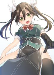 Rule 34 | 10s, 1girl, brown hair, elbow gloves, from below, gloves, green eyes, hair ribbon, kantai collection, keita (tundereyuina), looking at viewer, open mouth, pelvic curtain, pointing, ribbon, solo, thighhighs, tone (kancolle), tone kai ni (kancolle), twintails