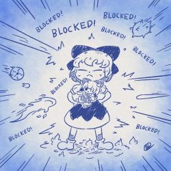 Rule 34 | bow, cirno, closed eyes, english text, fumo (doll), hair bow, iced lemon, monochrome, projectile, risk of rain, risk of rain (series), risk of rain 2, speed lines, touhou