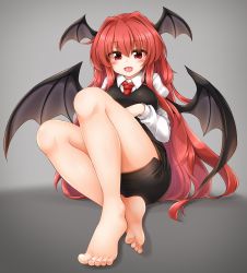 Rule 34 | 1girl, :d, bare legs, barefoot, black skirt, black vest, blush, breasts, commentary request, cum, cum on body, cum on lower body, demon wings, grey background, hair between eyes, hair intakes, head wings, highres, juliet sleeves, knees up, koakuma, large breasts, long hair, long sleeves, looking at viewer, marukyuu ameya, miniskirt, nail polish, open mouth, pencil skirt, puffy sleeves, red eyes, red hair, shadow, shirt, sitting, skirt, smile, solo, thighs, toenail polish, toenails, touhou, very long hair, vest, white shirt, wings