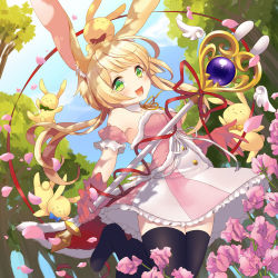 Rule 34 | 1girl, :3, :d, animal ears, bare shoulders, black thighhighs, blonde hair, blush, bow, bowtie, detached collar, dutch angle, fang, flower, frilled skirt, frills, fur trim, gloves, green eyes, holding, kidatsu! dungeons lord, kyoma (yellowxcake), long hair, neck ribbon, open mouth, outdoors, palme (kidatsu), petals, pink gloves, rabbit, rabbit ears, ribbon, skirt, smile, solo, thighhighs, tree, wand