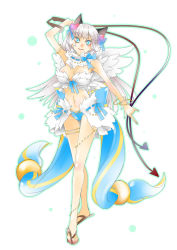Rule 34 | 1girl, animal ears, arm up, bikini, blue bikini, blue bow, blue eyes, blush, bow, breasts, cat ears, closed mouth, commentary request, feathered wings, feathers, full body, holding, holding whip, kirimochi niwe, large bow, long hair, looking to the side, medium breasts, navel, ragnarok online, sandals, simple background, smile, solo, standing, swimsuit, wanderer (ragnarok online), whip, white background, white hair, white wings, wings