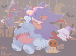 Rule 34 | banette, black eyes, blush stickers, bright pupils, colored sclera, commentary request, creatures (company), fire, game freak, gen 1 pokemon, gen 3 pokemon, gen 5 pokemon, gen 7 pokemon, gengar, greavard, halloween, happy halloween, highres, lemonade kokoi, litwick, mimikyu, nintendo, no humans, one eye closed, open mouth, pokemon, pokemon (creature), pumpkin on head, purple fire, red sclera, tongue, tongue out, white pupils, yellow eyes