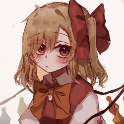 Rule 34 | 1girl, blonde hair, blush, bow, bowtie, closed mouth, collared shirt, flandre scarlet, hair between eyes, hair bow, head tilt, looking at viewer, medium hair, multicolored wings, no headwear, one side up, puffy short sleeves, puffy sleeves, red bow, red eyes, red vest, shirt, short sleeves, simple background, solo, touhou, tsuyuji shigure, upper body, vest, white background, white shirt, wings, yellow bow, yellow bowtie
