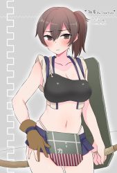 Rule 34 | 10s, 1girl, adapted costume, artist name, blush, bow (weapon), breasts, brown eyes, brown hair, character name, cleavage, collarbone, cowboy shot, dated, gloves, gradient background, highres, kaga (kancolle), kantai collection, microskirt, muneate, navel, partially fingerless gloves, partly fingerless gloves, side ponytail, single glove, skirt, solo, suihei sen, weapon, yugake