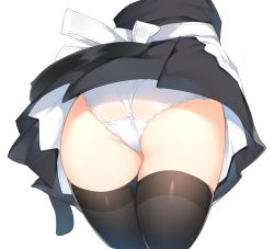 Rule 34 | 1girl, apron, ass, ass focus, black thighhighs, breasts, cat tail, close-up, dress, from behind, head out of frame, lower body, maid, original, otokuyou, panties, ringo-chan (otokuyou), simple background, solo, tail, thighhighs, thighs, underwear, upskirt, waist apron, white apron, white background, white panties
