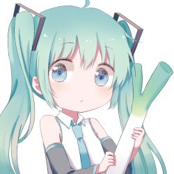 Rule 34 | 1girl, bad id, bad pixiv id, detached sleeves, green eyes, green hair, hatsune miku, long hair, looking at viewer, matching hair/eyes, mimengfeixue, necktie, simple background, solo, spring onion, twintails, upper body, vocaloid, white background