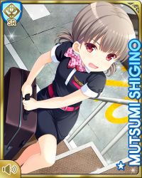 Rule 34 | 1girl, black dress, brown hair, card (medium), day, dress, flight attendant, girlfriend (kari), indoors, looking at viewer, official art, open mouth, panic, pink neckwear, polka dot neckwear, qp:flapper, red eyes, shigino mutsumi, short twintails, silver hair, solo, standing, suitcase, travel attendant, twintails