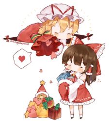 Rule 34 | 2girls, bad id, bad twitter id, bell, blonde hair, blush, bow, brown hair, christmas ornaments, closed eyes, detached sleeves, flying sweatdrops, gap (touhou), gift, hair bow, hair tubes, hakurei reimu, hat, hat ribbon, heart, holding, holding gift, holly, long sleeves, merry christmas, mob cap, multiple girls, red bow, red ribbon, red skirt, ribbon, sack, santa hat, simple background, skirt, skirt set, socks, spoken heart, standing, star (symbol), sweat, touhou, useq1067, white background, white hat, white legwear, yakumo yukari