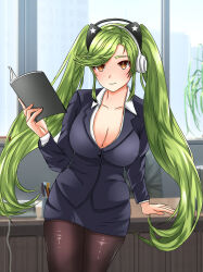Rule 34 | ahomushi994, book, breasts, chameleon, earphones, girls&#039; frontline, green hair, highres, large breasts, magal (girls&#039; frontline), micro galil, office lady, office room, twintails, yellow eyes