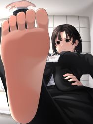 Rule 34 | 1girl, barefoot, black eyes, black hair, eyebrows, feet, foot focus, formal, hand on own hip, highres, jacket, lanyard, looking at viewer, office lady, original, pov, shirt, short hair, soles, solo, suit jacket, takano (rnmnzn), toes, white shirt