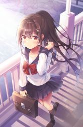 Rule 34 | 1girl, absurdres, black sailor collar, black skirt, black socks, blush, bow, bridge, briefcase, brown footwear, brown hair, closed mouth, commentary request, day, hair between eyes, hair ornament, hairclip, hand up, highres, holding, kneehighs, loafers, long hair, original, outdoors, pleated skirt, ponytail, red bow, red eyes, river, sailor collar, school briefcase, school uniform, serafuku, shiro kuma shake, shirt, shoes, skirt, smile, socks, solo, star (symbol), star hair ornament, very long hair, water, white shirt