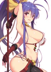 Rule 34 | 1girl, antenna hair, arm up, armpits, ass, backless outfit, black pants, blazblue, blazblue: central fiction, blazblue variable heart, blue hair, blush, bow, breasts, covered erect nipples, fingerless gloves, fuya (tempupupu), gloves, halterneck, hip focus, large breasts, long hair, looking at viewer, lowleg, lowleg pants, mai natsume, navel, pants, polearm, red eyes, red gloves, revealing clothes, sideboob, sidelocks, simple background, smile, solo, sweat, weapon, white background, yellow bow