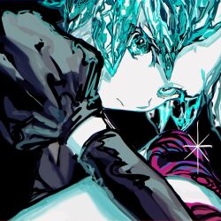 Rule 34 | 1other, androgynous, aqua eyes, aqua hair, bare legs, black background, black gloves, black shirt, blurry, blurry background, closed mouth, colored skin, crystal hair, elbow gloves, expressionless, feet out of frame, glint, gloves, head down, highres, houseki no kuni, knees up, looking at viewer, looking to the side, phosphophyllite, puffy short sleeves, puffy sleeves, shirt, short hair, short sleeves, sideways glance, solo, translucent hair, white skin, yadu nadu