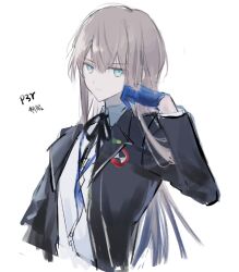 Rule 34 | 1boy, :|, black jacket, black ribbon, blue eyes, blue gloves, blue hair, brown hair, closed mouth, collared shirt, cosplay, expressionless, fate/grand order, fate/grand order arcade, fate (series), gekkoukan high school uniform, gloves, gradient hair, jacket, long hair, long sleeves, looking at viewer, male focus, multicolored hair, neck ribbon, noah (fate), open clothes, open jacket, persona, persona 3, ribbon, school uniform, sherry 0014, shirt, simple background, solo, two-tone hair, upper body, white background, white shirt, wing collar, yuuki makoto (persona 3), yuuki makoto (persona 3) (cosplay)