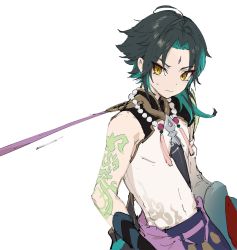 Rule 34 | 1boy, antenna hair, arm tattoo, asymmetrical clothes, bad id, bad twitter id, bead necklace, beads, black hair, closed mouth, facial mark, forehead mark, genshin impact, gloves, green hair, highres, jewelry, male focus, multicolored hair, necklace, pulling another&#039;s clothes, simple background, solo, sweat, tattoo, upper body, white background, xiao (genshin impact), yu-ri (arium047)