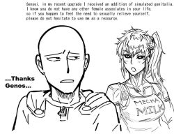Rule 34 | 1boy, 1girl, bald, bb (baalbuddy), black sclera, breasts, camisole, clothes writing, colored sclera, cyborg, drawfag, english text, genderswap, genderswap (mtf), genos, greyscale, looking at another, mega milk, meme attire, monochrome, one-punch man, parody, pun, saitama (one-punch man), side ponytail, text focus