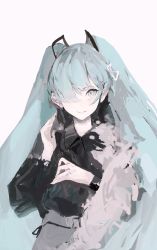 Rule 34 | 1girl, absurdres, alternate costume, aqua hair, black shirt, blue hair, blush, closed mouth, collared shirt, commentary, grey skirt, hair ornament, hair over one eye, hatsune miku, highres, long hair, long sleeves, looking at viewer, rsef, shirt, simple background, skirt, smile, solo, twintails, upper body, very long hair, vocaloid, white background