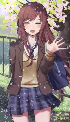Rule 34 | 1girl, bag, blazer, blue skirt, blush, braid, branch, brown cardigan, cardigan, cherry blossoms, closed eyes, collared shirt, commission, diagonal-striped clothes, diagonal-striped necktie, falling petals, flower, french braid, hampem7, hand up, highres, idolmaster, idolmaster shiny colors, jacket, long hair, long sleeves, looking at viewer, necktie, official alternate costume, official alternate hairstyle, open mouth, osaki amana, outdoors, petals, pink flower, plaid, plaid skirt, pleated skirt, red hair, school bag, school uniform, shirt, skeb commission, skirt, smile, solo, spring (season), standing, striped clothes, striped necktie, swept bangs, tree, waving, white shirt