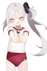 Rule 34 | 1girl, absurdres, blue archive, blush, buruma, gym uniform, highres, long hair, mutsuki (blue archive), outstretched arms, own hands together, pink eyes, red buruma, shirt, short sleeves, side ponytail, silver hair, simple background, smile, solo, umashio, white background, white shirt