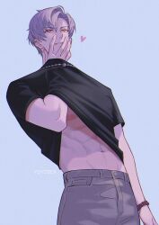Rule 34 | 1boy, artist name, black shirt, character request, clothes lift, earrings, grey hair, grey pants, guilty challenge (meme), highres, jewelry, love and producer, male focus, meme, muscular, muscular male, navel, pants, shirt, shirt lift, short hair, smile, solo, stomach, t-shirt, yellow eyes, yoyosea1