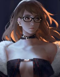 Rule 34 | 1girl, absurdres, bare shoulders, black dress, breasts, brown eyes, brown hair, center opening, choker, cleavage, collarbone, commentary, dress, earrings, fate/grand order, fate (series), fur trim, glasses, guweiz, highres, jewelry, long hair, looking to the side, medium breasts, pink lips, solo, strapless, strapless dress, yu mei-ren (fate)