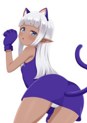 Rule 34 | 1girl, animal ears, animal hands, ass, atg (wttoo0202), bare shoulders, blunt bangs, cat ears, cat tail, cowboy shot, dark-skinned female, dark skin, dress, from behind, gloves, highres, karla (kono healer mendokusai), kono healer mendokusai, leaning forward, long hair, looking at viewer, looking back, open mouth, panties, paw gloves, paw pose, pointy ears, purple dress, silver hair, simple background, sleeveless, solo, standing, tail, underwear, white background, white panties