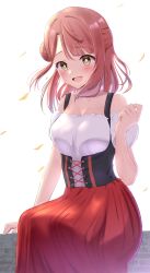 Rule 34 | 1girl, :d, absurdres, bad id, bad pixiv id, breasts, brick wall, commentary request, detached sleeves, highres, long hair, long skirt, looking at viewer, love live!, love live! nijigasaki high school idol club, medium breasts, open mouth, panaham, red hair, red skirt, shirt, shirt tucked in, sidelocks, sitting, skirt, smile, solo, uehara ayumu, white background, white shirt, yellow eyes