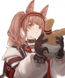 Rule 34 | 1girl, angelina (arknights), animal ear fluff, animal ears, arknights, black choker, black gloves, brown hair, choker, closed mouth, coat, extra ears, fox ears, gloves, headband, highres, holding, holding stuffed toy, infection monitor (arknights), long hair, long sleeves, orange eyes, red headband, sidelocks, simple background, smile, solo, stuffed animal, stuffed rabbit, stuffed toy, twintails, upper body, white background, white coat, yoshikyuu