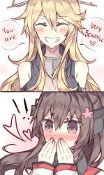 Rule 34 | !, !!, 10s, 2girls, 2koma, bad anatomy, bare shoulders, blonde hair, blush, brown hair, closed eyes, comic, commentary, covering own mouth, english text, flower, grin, hair flower, hair ornament, hand over own mouth, heart, highres, iowa (kancolle), kantai collection, kvlen, long hair, multiple girls, purple eyes, smile, tears, yamato (kancolle), yuri